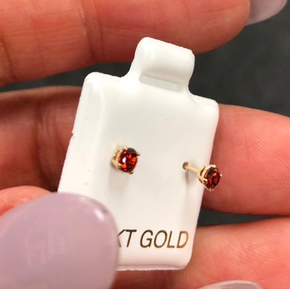 14k Yellow Gold 3mm Round Ruby Girls Earring - Picture 6 of 6